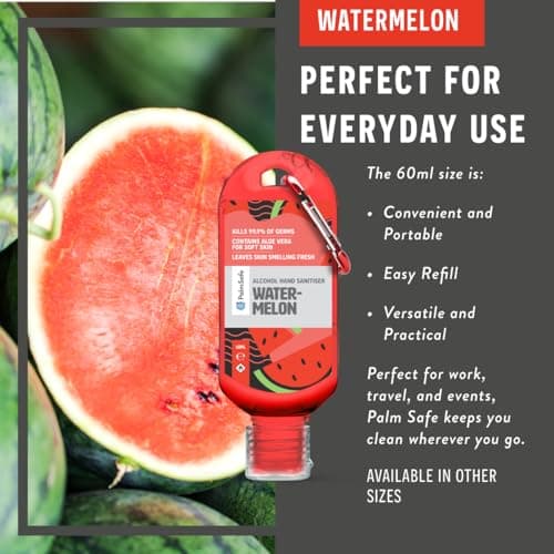Palm Safe Watermelon 3 Pack 60ml Anti Bacterial Premium Hand Sanitiser Travel Size Refillable Clip Bottle Quick Drying Non Sticky Extra Moisturising Kills 99.9% of Viruses and Bacteria — view 4