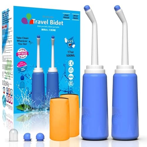 2 Pack Portable Bidet Sprayer Peri Bottle, Number-one Travel Bidet Bottle 500ml 17oz Personal Hygiene Care Toilet Bidet Shower with 2 Nozzles, Dust Cap and Storage Bag for PostPartum Care and Recovery