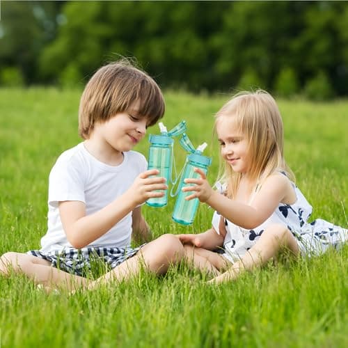 GOPPUS 500ml/17oz Kids Water Bottles with Straw Tritan Childrens Bottle with Flip Top Lid BPA Free Measured Drinks Bottle with Strap Sports Reusable Time Markings Leakproof (Transparent Mint Green) — view 6
