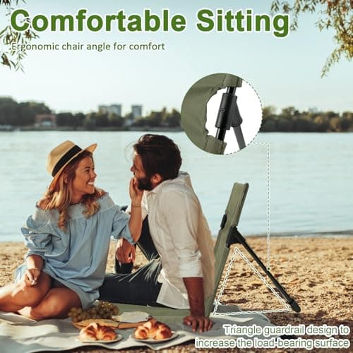 Camping Floor Chair Oxford Fabric Folding Beach Sit Mat with Back Support, Lightweight Travel Lounge Chair with Net Pocket on the Back & Storage Bag for Fishing Hiking Beach (green(With mesh bag)) — view 6