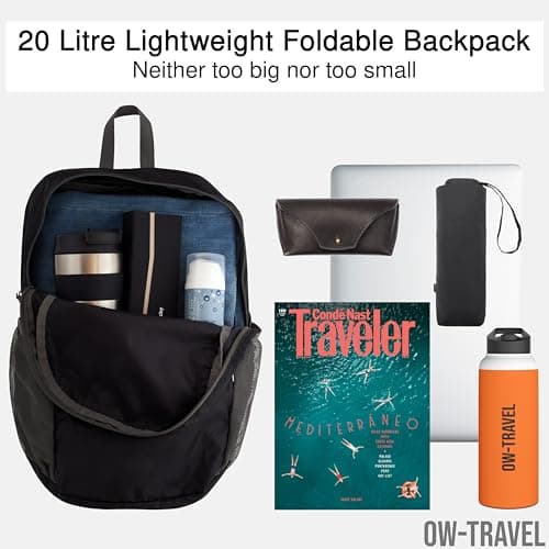 OW-Travel Lightweight Foldable Backpack, Packable Daypack 20l Black — view 4