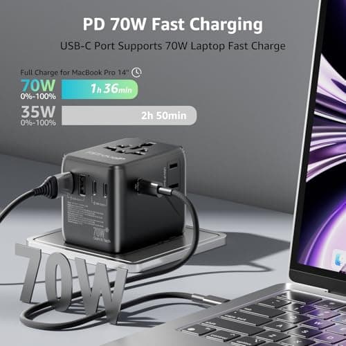 Universal Travel Adapter 70W Fast Charge, Travel Plug Adapter Worldwide with 5 USB Ports (2 USB C), Universal Plug Adaptor UK to World, Dual10A Fuses Travel Adapter Wall Charger for (Type A, C, G, I) — view 2
