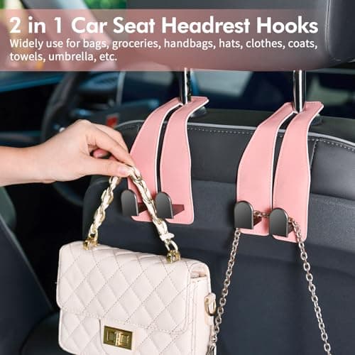 Car Hooks for Headrest, Leather Car Seat Back Storage Organizer Interior Accessories, More Wide & Deep Auto Seat Hook Hangers for Purse Umbrellas Handbag Clothes Coats Grocery Bags (Pink-4 Pack) — view 2