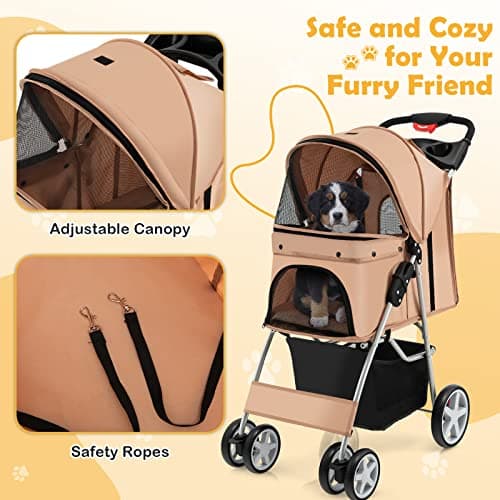 Maxmass Travel Pet Stroller, Foldable Small Medium Sized Dog Cat Trolley with Storage Basket, Safety Belt and Cup Holder, 4 Wheels Puppy Pushchair (Beige) — view 4