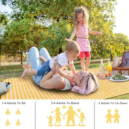 SAMSIER Outdoor Picnic Blankets Waterproof Foldable Sandproof, Large Gingham Cute Picnic Mat Washable Portable for Park Beach Camping Courtyard (Yellow, 200 x 200cm/80"×80") — view 3