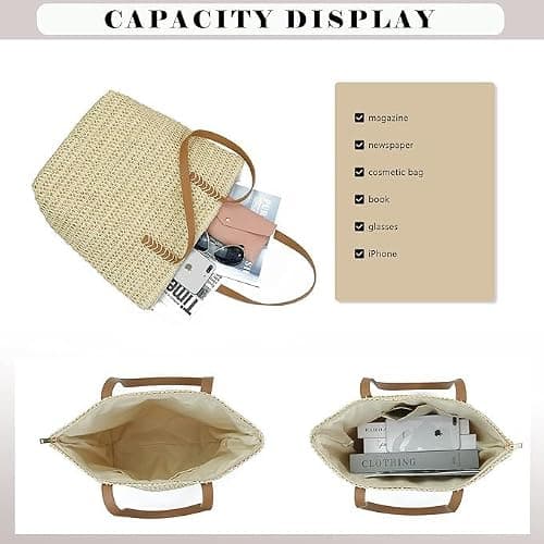 Hsthe Sea Women's Hand-woven Straw Shoulder Bag Large Summer Beach Leather Handles Handbag Tote with Zipper (beige) — view 5