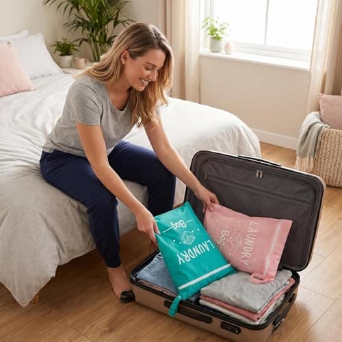 Laundry Bags & Laundry Bag, 2 Pack Travel Laundry Bag 38x49cm Reusable with Handle, Portable Laundry Bags for Travelling, Gym, Camping, Water-Resistant & Durable - Green & Pink — view 6