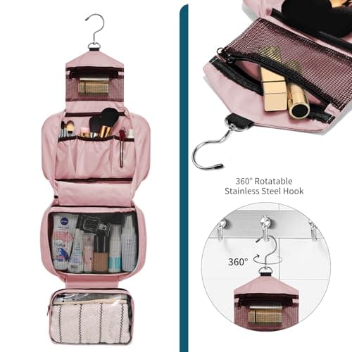 homchen Hanging Toiletry Bag Travel Kit for Men Women, Upgrade Large Capacity Wash Bag Makeup Bag with 4 Compartments, Foldable Compact Size (Pink) — view 2