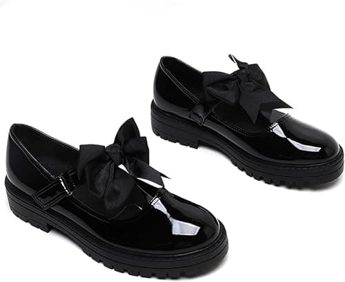 BloomFashion® Girls Mary Jane Back to School Patent Black Shoes Toddler Kids Comfortable Anti-Slip Uniform Flat Shoes with Detachable Bow On Strap 8uk — view 4