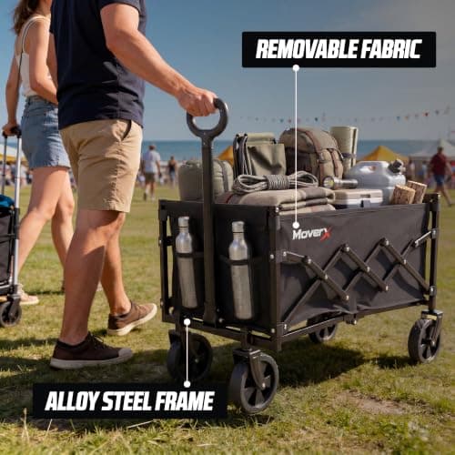 MoverX 70L Festival Trolley on Wheels, Folding Wagon, Portable Camping Cart, Collapsible Foldable Trolly for Beach Outdoor Garden Picnic Shopping Fishing, Adjustable Handle, Black — view 2