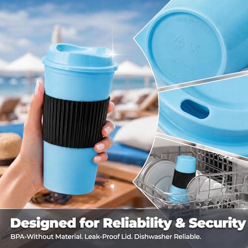15Pcs Reusable Coffee Cups with Lids - 16 oz Plastic Tumblers to Go Ice Coffee Cups Bulk Plastic Travel Mugs for Slushie and Cold Drinks Smoothie, Home, Car, Beach, Camping & Party - Light Blue — view 3