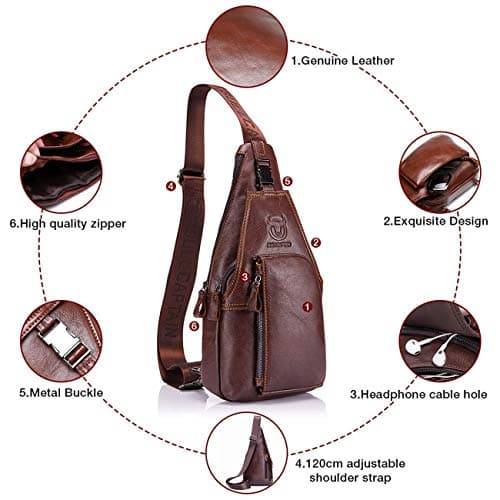 BULLCAPTAIN Men Chest Bag Genuine Leather Crossbody Shoulder Bag Sling Bags Backpack Messenger Bag Daypack For Business Casual Sport Hiking Travel Brown — view 4