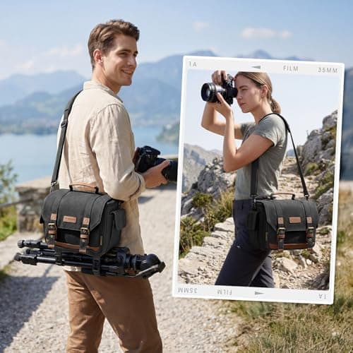 RAINSMORE Vintage Camera Sling Bag, Waterproof Canvas DSLR Mirrorless Crossbody Bag with 10mm Shockproof Padding, Rain Cover & Tripod Holder, Photography Shoulder Messenger Bag for Men Women Black — view 6