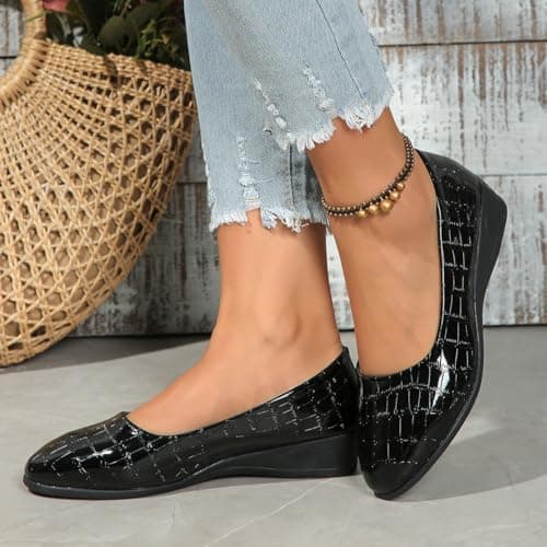 Women's Lightweight Leather Shoes, Women's Comfort Arch Support Wedge Slip-On Shoes Ladies Low Heel Work Ballerina Loafer Shoes (Black,6) — view 2