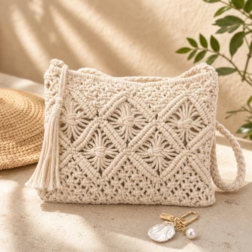 Voskilon Straw Bags for Women, White Cotton Woven Crochet Bag with Metal Shell Keychain, Small Boho Crossbody Handbag for Summer Beach Holiday, Travel, Shopping, Music Festivals, Dates and Daily Use — view 3