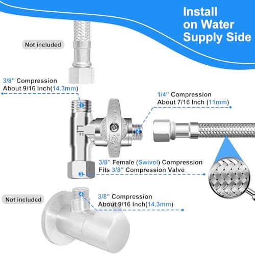 Refrigerator Water Line Kit - 10FT Stainless Steel Braided Ice Maker Water Line with Tee Stop Valve,Foodgrade PEX Inner Hose Fridge Water Line with 1/4" Comp Fitting and Tee Valve — view 2