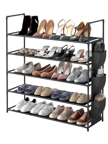 GreenWhim 5 Tier Shoe Rack, Shoe Storage Organiser with Side Storage Bag, Metal Storage Rack 83 x 28 x 88cm, Upright or Upside Down, Fits 20 to 25 Pairs, Stackable for Hallway (5 Tier)
