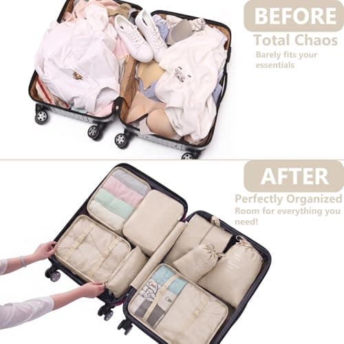 9 Set Packing Cubes for Suitcases, Cream Travel Luggage Organizer Bags Essentials with Shoe Cosmetics Toiletry and Laundry Pouches for Women Men — view 4