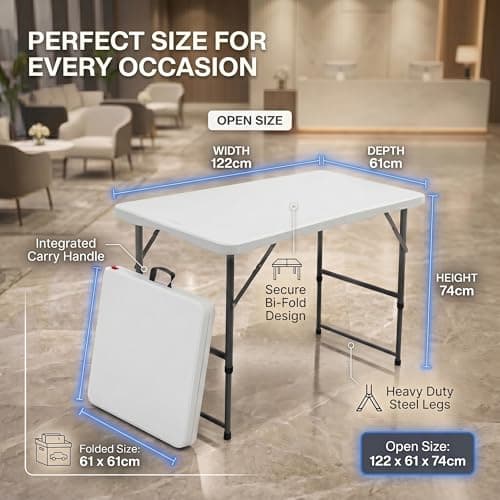 HomlyPro Heavy Duty 4FT Folding Table 120x60cm, White, Plastic Folding Desk Portable as Camping Table, Picnic, BBQ, Garden Outdoor and Indoor Utility Surface — view 2