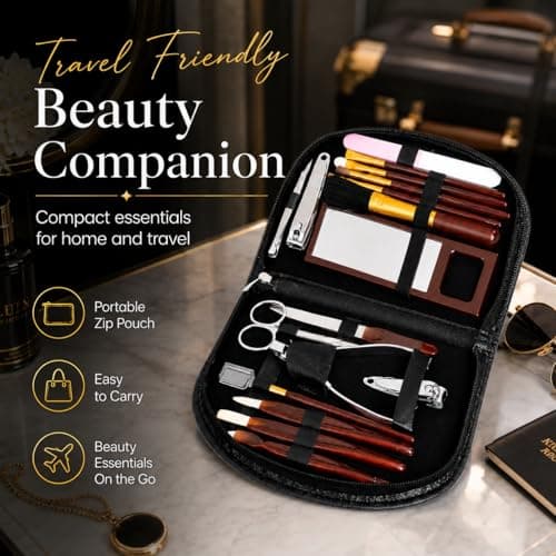 18 Piece Ladies Manicure & Makeup Set in Black Zipped Pouch – Complete Nail Care & Beauty Kit for Home & Travel – Multi Tool Grooming Set (black) — view 5