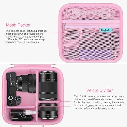 RAIALL Camera Case for Sony Alpha a6000/a6100/a6400/a6700/ Sony Alpha 7 II III IV/7R V Mirrorless Digital Camera and Lens, Vlogging Camera Hard Travel Bag with a Shoulder Strap and 3 Dividers, Pink — view 4
