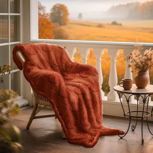 Lanpn Fall Rustic Throw Blanket, 530GSM Sherpa Fleece Throws for Couch Sofa, Soft Fluffy 3D Pumpkin Fur Blankets, Autumn Plush Cozy Blanket Thanksgiving Home Bed Living Room Decor Gift, 130x150 — view 6