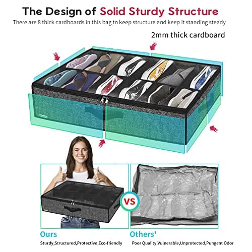 Onlyeasy Sturdy Under Bed Shoe Storage Organizer, Set of 2, Fits Total 24 Pairs, Underbed Shoes Closet Storage Solution with Clear Window, Breathable, 29.3"x23.6"x5.9", Linen-like Black, MXAUBSB2P — view 4