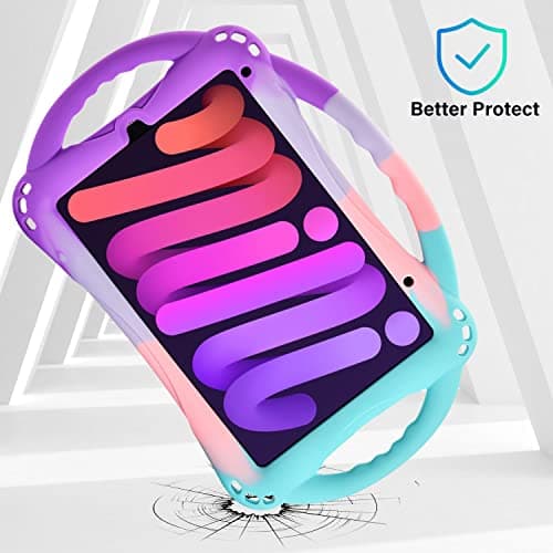 TopEsct Kids Case for iPad Mini 7 (A17 Pro) 2024 /iPad Mini6 2021, Shockproof Silicone Cover with Handle Stand for 8.3" iPad Mini 6th/7th Gen,Puple and Turquoise — view 2