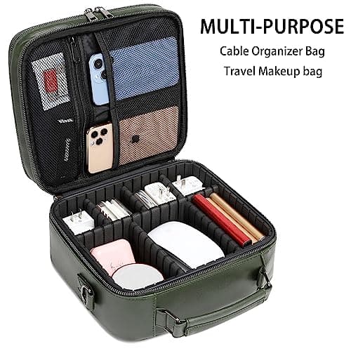 KYALOU Electronics Travel Organizer, Large Electronic Accessories Cable Case with Adjustable Dividers, Waterproof Tech Storage Bag Gifts with Double Layers for Cord, Charger, Power Bank - Olive Green — view 4