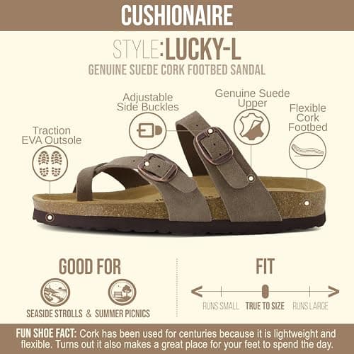 CUSHIONAIRE Lucky 100% Genuine Leather Suede Womens Sandals, Comfortable Cork Footbed Slides for Women with Adjustable Buckles, Brown, 6 — view 4