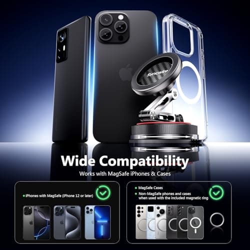 SYNCWIRE for MagSafe Car Mount [3-Axis] Nano Adhesive Gel + Strong Suction Cup Magnetic Phone Holder for Dashboard & Windscreen, 360° Rotatable for iPhone 17 16 15 14 13 12, Samsung, Carbon Fiber — view 4