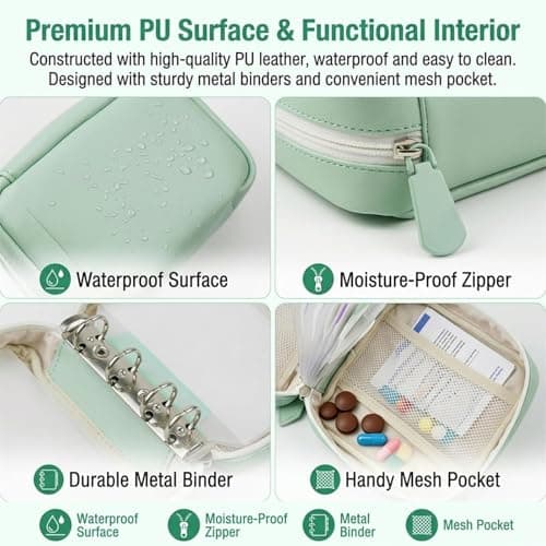 A8 Waterproof Pill Organiser Pouch Set with 14 Color Pill Pouches, Large Weekly Travel Pill Pouch Organizer, 7–14 Day Portable Reusable Medicine Storage Binder Design Zippered Pill Storage (Green) — view 4