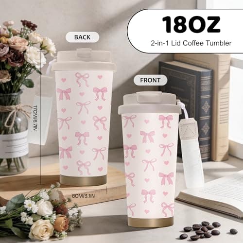 NEIUJADK Pink Bow Tumbler Stainless Steel 2-in-1 Lid Coffee Tumbler 18 oz Coquette Bow Print Insulated Travel Coffee Mug Bows Water Bottle for Women Girls Birthday Christmas — view 2