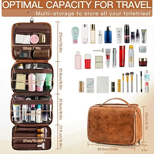 Elviros Hanging Toiletry Bag for Men, 3-in-1 PU Leather, Brown — view 6