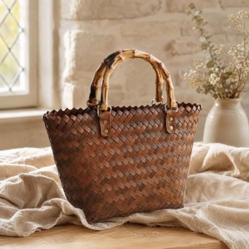 Alasum Straw Tote Bag for Women, Woven Beach Bag with Bamboo Handle, Coffee — view 6
