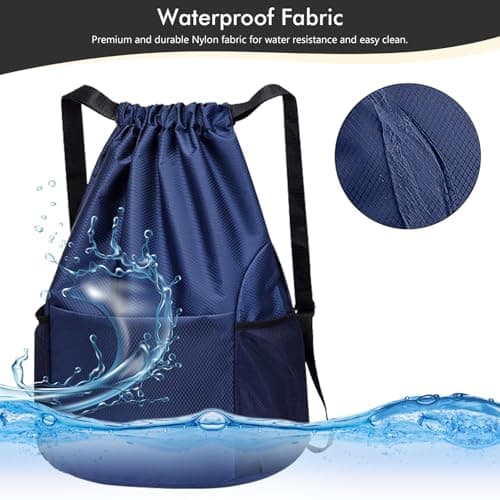 InfiniZer Sports Drawstring Bags Waterproof Swimming Bag for Kids Adults Unisex Large Capacity Foldable Gym Bag for Swimming Gym School Travel Hiking (Navy Blue) — view 5