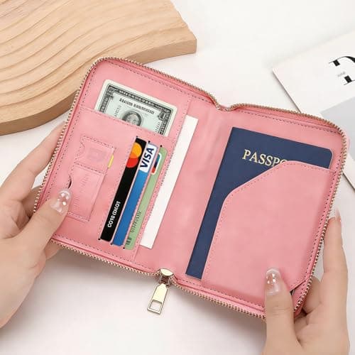 MUU RFID Blocking Travel Wallet Passport Holder, Pink PU Leather Document Organiser with Zipped Closure and Wrist Strap — view 5