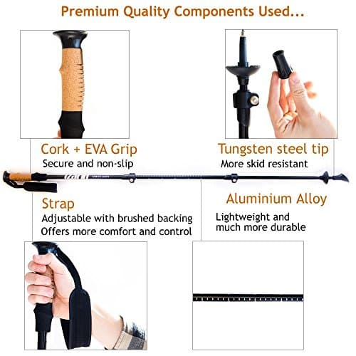 iZarin® Pair of Telescopic Aluminium Nordic Walking Poles Trekking Hiking Sticks with Carry Travel Bag & Extra Accessories Rubber Tips/Lightweight for Backpacking Mountaineering Climbing Men & Women — view 3