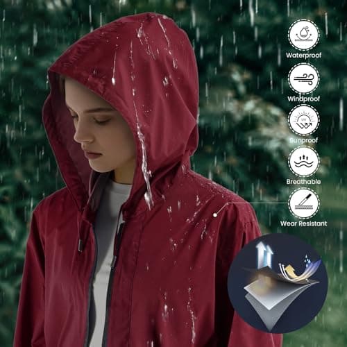 SOPPY Women Waterproof Raincoat Ladies Rain Jacket with Hood, Lightweight Unisex Rain Coat Windbreaker Trench,Red — view 2