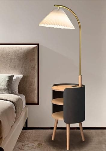 QWPYDXN Task Lighting Nordic Style Floor Lamp, Reading Lamp with Three-layer Storage Tray USB Wireless Charging, Standing Lamp with Pleated Lampshade Tall Pole Lamp — view 3