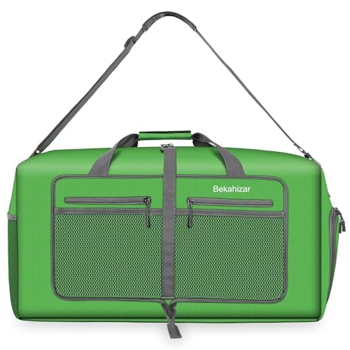 Bekahizar Travel Duffle Bag 60L Lightweight Foldable Holdall Duffels Large Weekend Overnight Bag Packable Carry On Luggage with Shoe Compartment for Men Women Camping Storage Gym Beach (Dark Green) — view 2