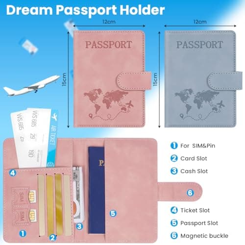 AOOTE Passport Holder Cover Wallet Case, 2Pcs PU Leather RFID Blocking Passport Cover Case with Card Slots, Passport Holder for Passports Ticket Boarding Passes Credit Cards Business Cards — view 2