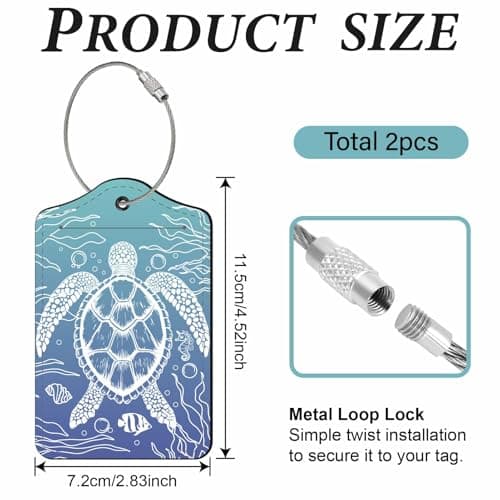 PRESSINART 2Pcs Sea Turtle Luggage Tags PU Leather Luggage Tag with Loop 4.5 x 2.8 Inch Ocean Theme Rectangle Modern Unique Travel Bag ID Identifier Labels for Suitcase Baggage Backpacks Handbags — view 2