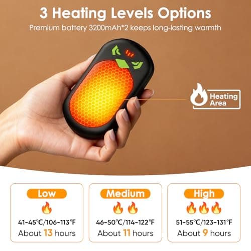 Hand Warmers 2-Pack, 2 * 3200mAh Rechargeable Hand Warmers, 3 Heat Settings, Up to 13Hrs, Ultra Thin Portable for Pocket Gloves Outdoor Sports, Winter Essentials for Men,Women. (Black-Yellow) — view 2
