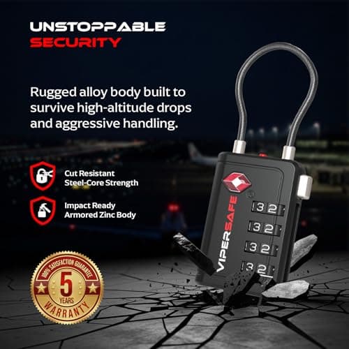 Vipersafe New TSA008, TSA Approved Luggage Lock with Open Alert Indicator – 4-Digit Travel Lock for Luggages, Bags & Backpacks – Heavy Duty Flexible Cable Padlock (Black, 1-Pack) — view 4