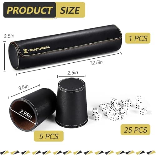 X SIM FITNESSX Leather Dice Cup Set, 5 Black Leather Dice Cups + 25 Dice + Exclusive Storage and Transport Case Made of Faux Leather with Magnetic Closure — view 2