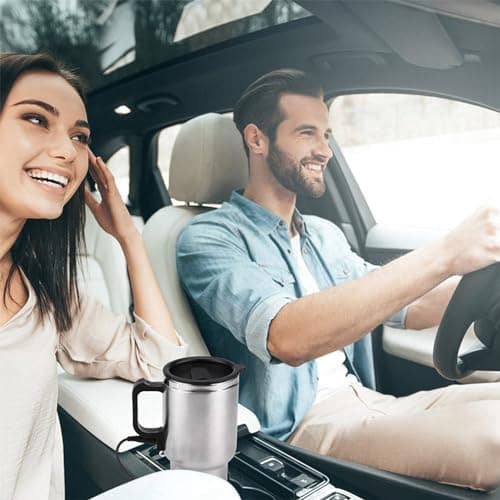 Car Heating Cup, Electric Tea Kettle Mug Heated Travel Portable Stainless Steel Boiler Coffee Drinking Cup Bottle Thermal Water Insulated Airtight Anti Spill Lid Cigarette Lighter Cable 450ml 12V — view 2