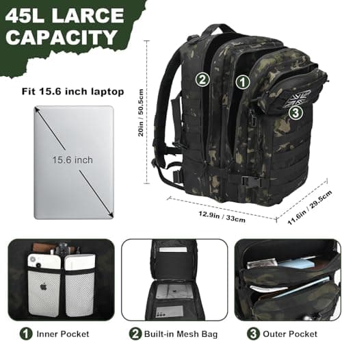 Panavage | Military Tactical Backpack 45L | Waterproof Rucksack with MOLLE, Laptop Compartment | 3-Day Assault Pack for Hiking, Camping, Hunting | Unisex (Black Camo) — view 4