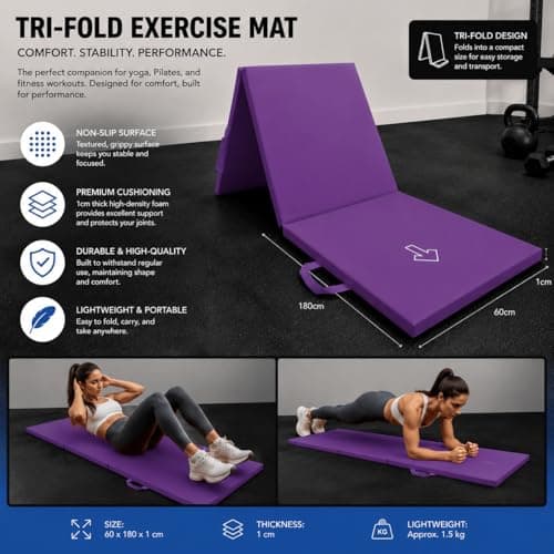 NORTHERN Yoga Mat Exercise Fitness, Tri-Fold Foam Mat, Extra Thick Non-Slip Large Padded Stretching Home Gym Equipment Accessory, 3-Folding Multi-Purpose Workout Mat with Carrying Handle — view 3