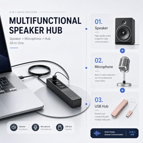 lorvannis 3 in 1 USB Computer Speaker with Microphone, PC Laptop Desktop Conference Speakerphone with Mic for Smart Home Office and Online Study，360 Degree Enhanced — view 2